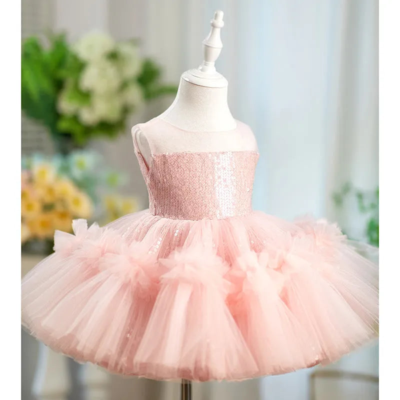 Children's sequined sleeveless girl princess dress in pink, polyester fibre, 80-160cm