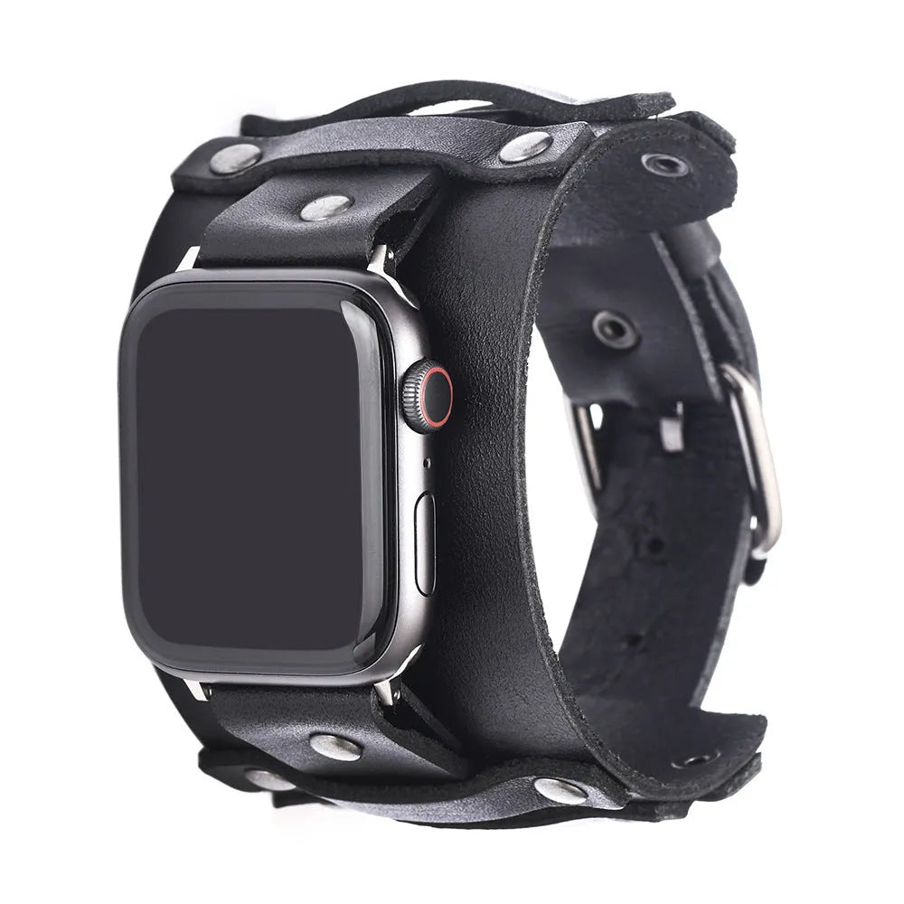 Genuine cowhide watch strap punk style black leather band for 38/40mm watches
