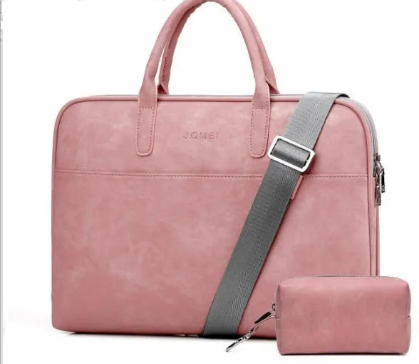 Faux leather laptop bag for women 13.3-17.3 inch zipper closure shoulder bag plain colour black pink red