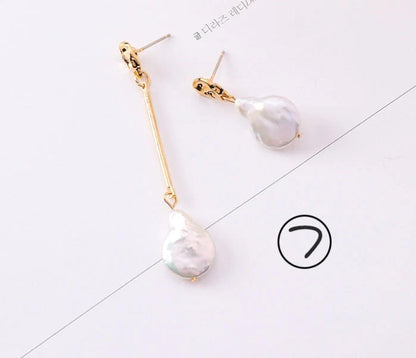 Vintage geometric pearl asymmetric earrings with 925 silver hooks, perfect for adding elegance to any outfit.
