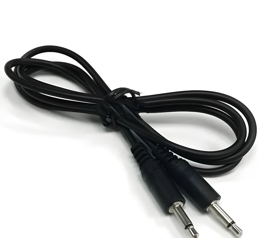 Black 3.5 mm male to female audio extension cable showing connectors and 1 metre length