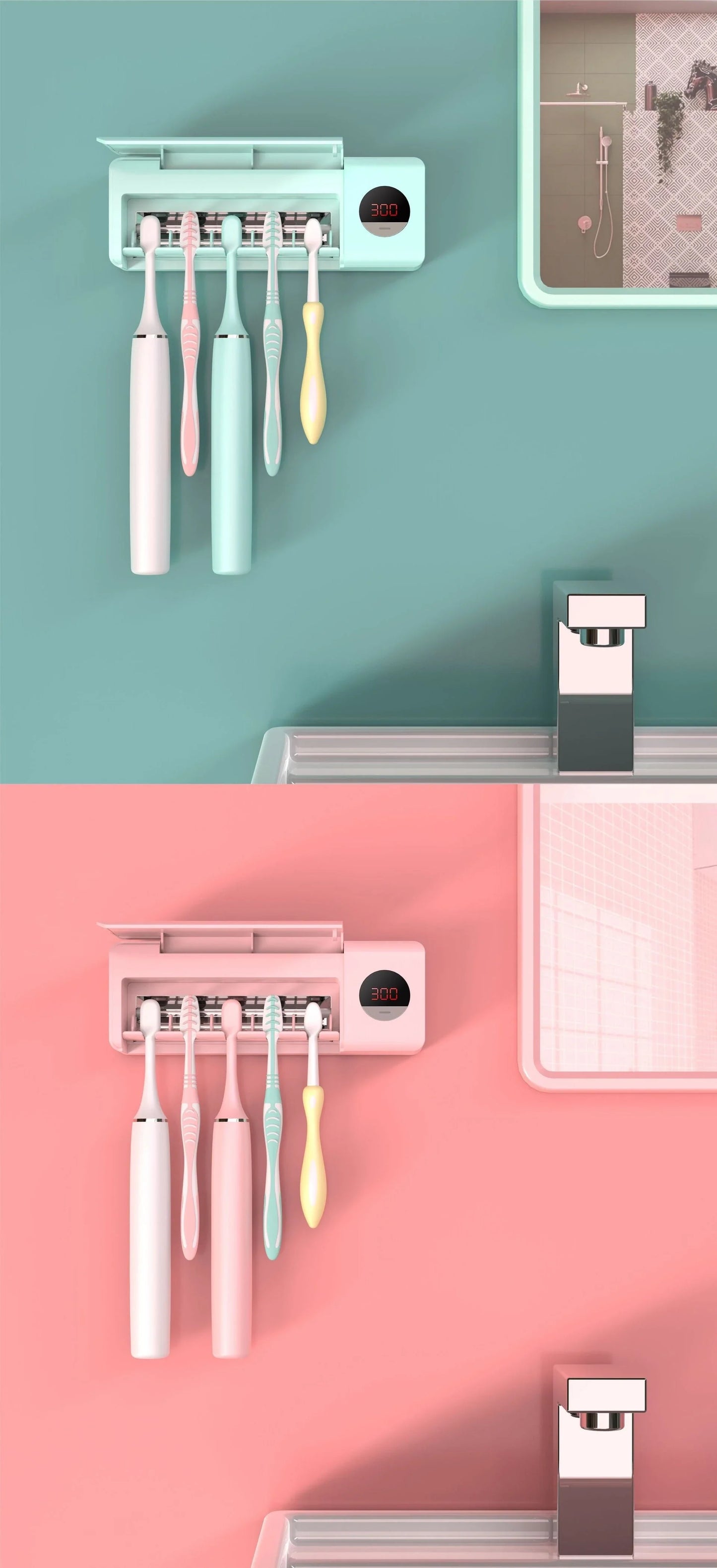 Rechargeable toothbrush holder with UV sterilization in Literary White and Bean Sand Green