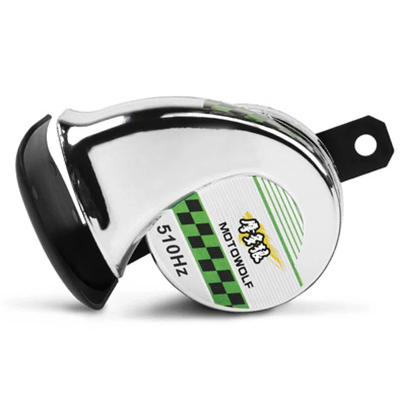 12V motorcycle horn in black measuring 12.7x8.1cm with 110dB output