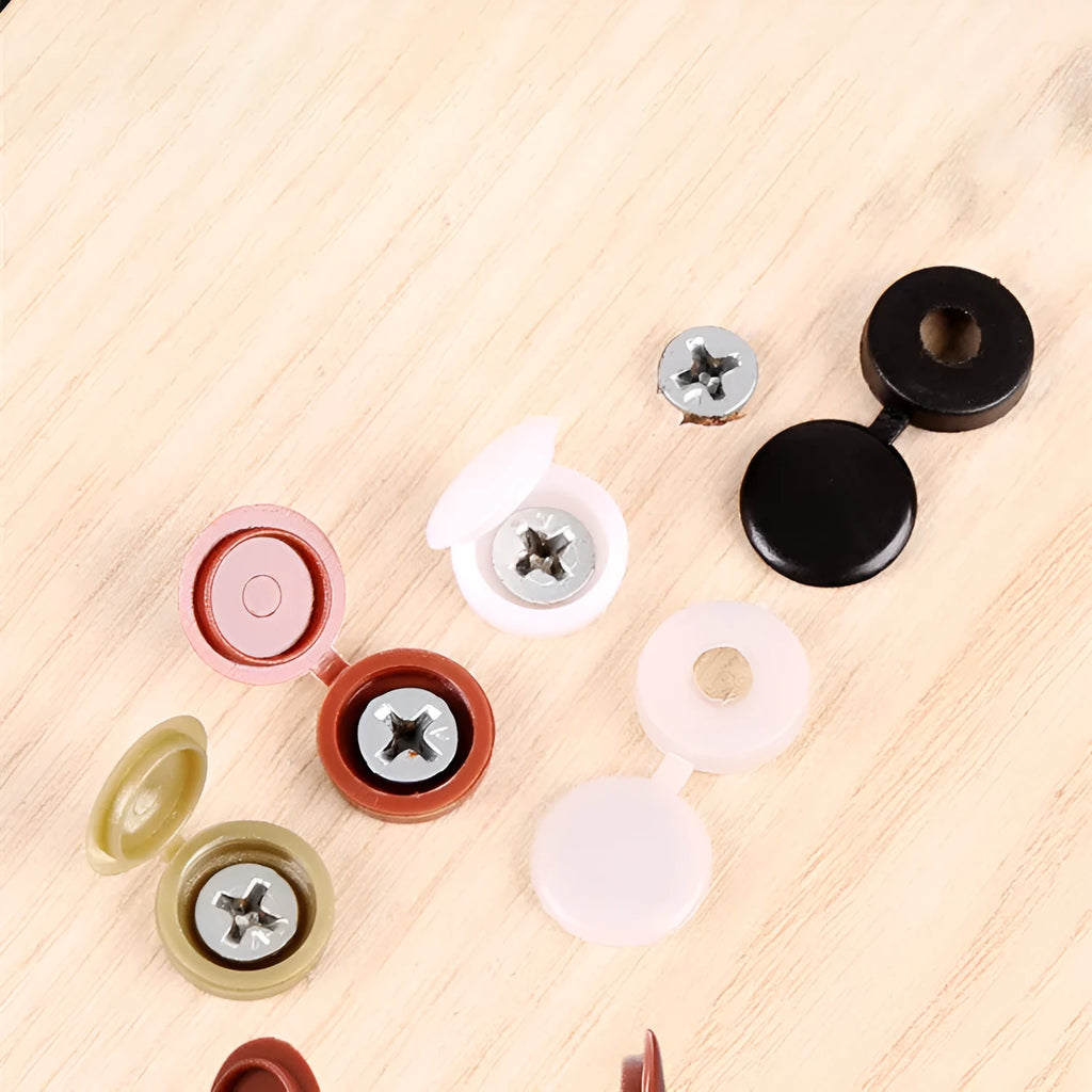 100 brown plastic furniture eccentric screw covers in a bag on a white background