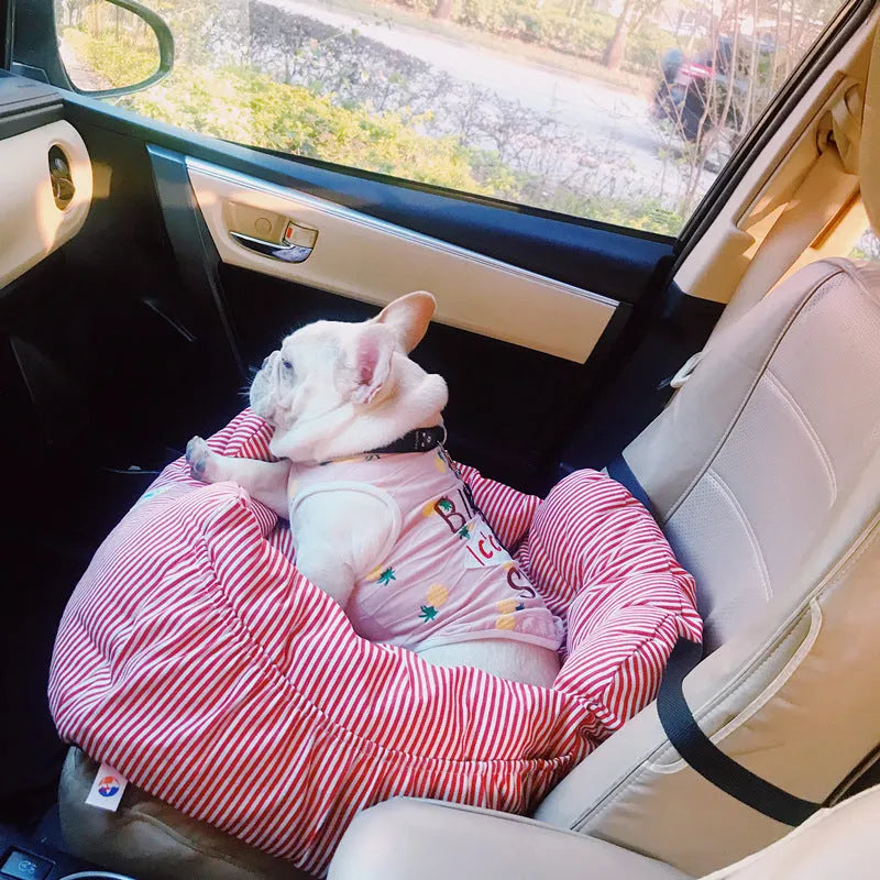 Travel car seat cushion for small dogs with raised sides in blue stripes on a car seat, Oxford cloth construction