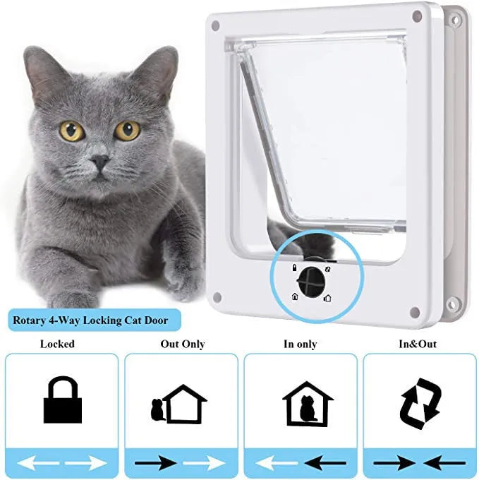 Interior cat door with rotary lock and magnetic closure in Black, showing the frame and flap