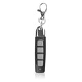 A compact rolling door remote control in black, showing its buttons and slim profile.