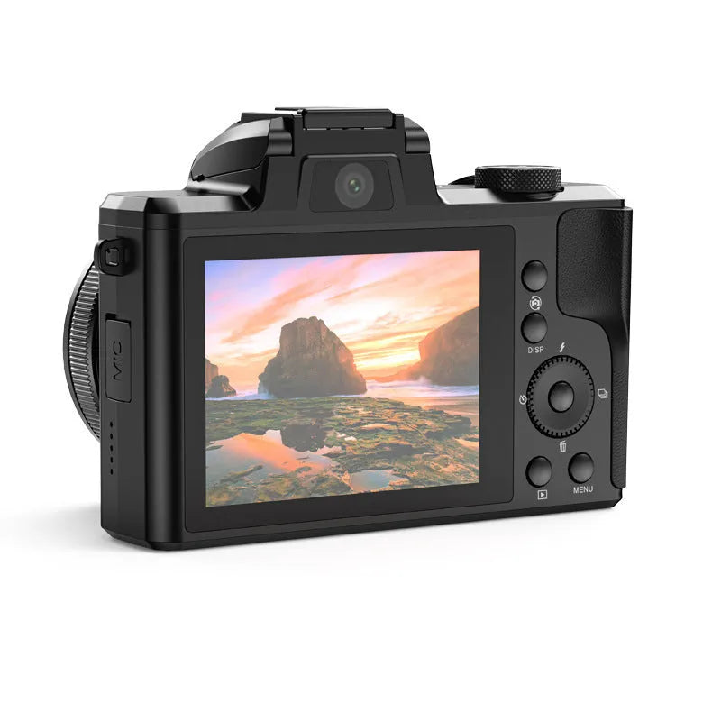 Black 16MP mirrorless camera with periscope lens and retractable zoom on a dark background
