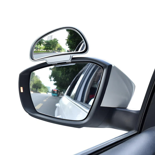 Black adjustable car blind spot mirror with 360-degree lens and 3M adhesive on rearview mount