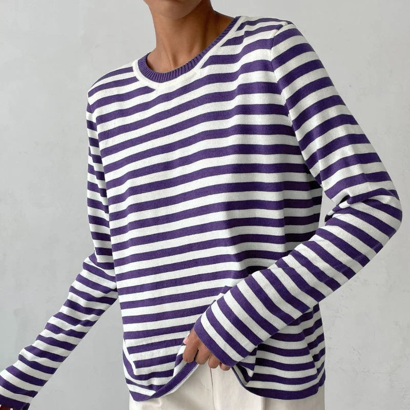 Women's knitted striped long sleeve sweater in various colours