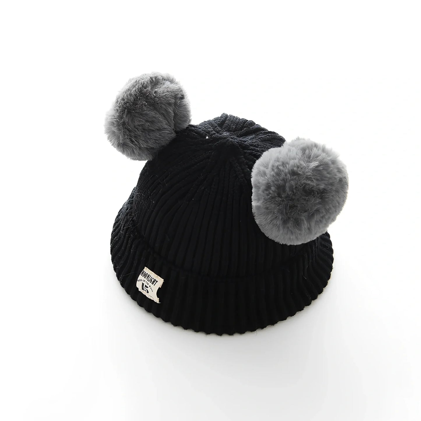 Crocheted baby wool cap in beige with soft 5 cm plush ball, high top style for 6 months-3 years winter warmth, flanged edge for secure fit