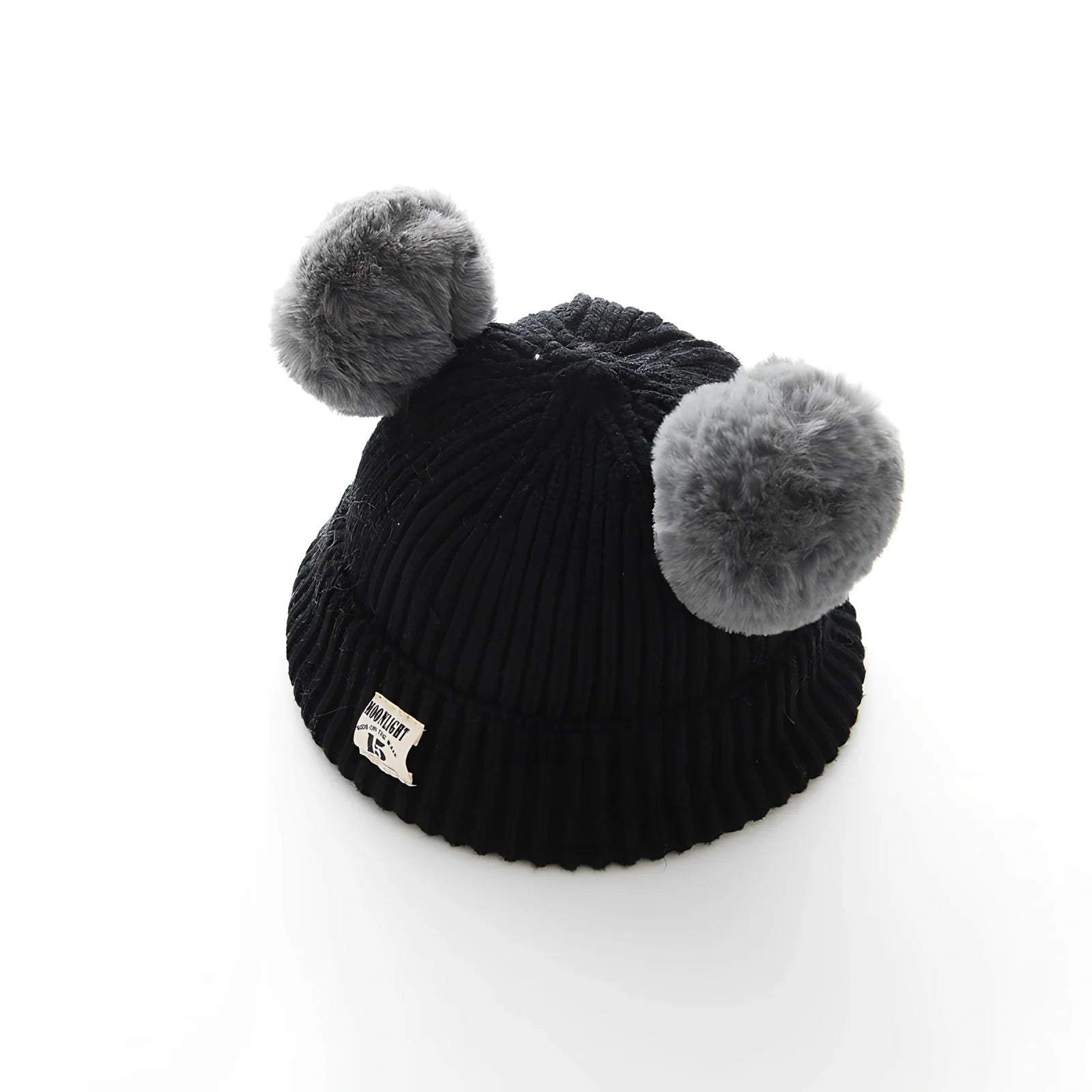 Crocheted baby wool cap in beige with soft 5 cm plush ball, high top style for 6 months-3 years winter warmth, flanged edge for secure fit