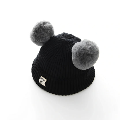 Crocheted baby wool cap in beige with soft 5 cm plush ball, high top style for 6 months-3 years winter warmth, flanged edge for secure fit