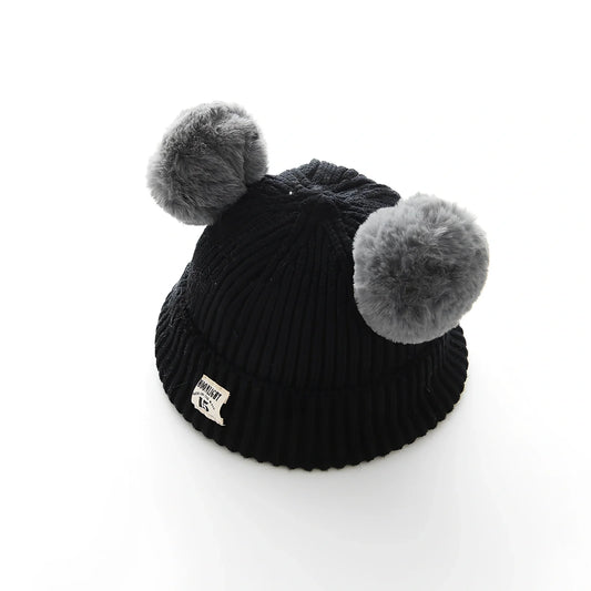 Crocheted baby wool cap in beige with soft 5 cm plush ball, high top style for 6 months-3 years winter warmth, flanged edge for secure fit