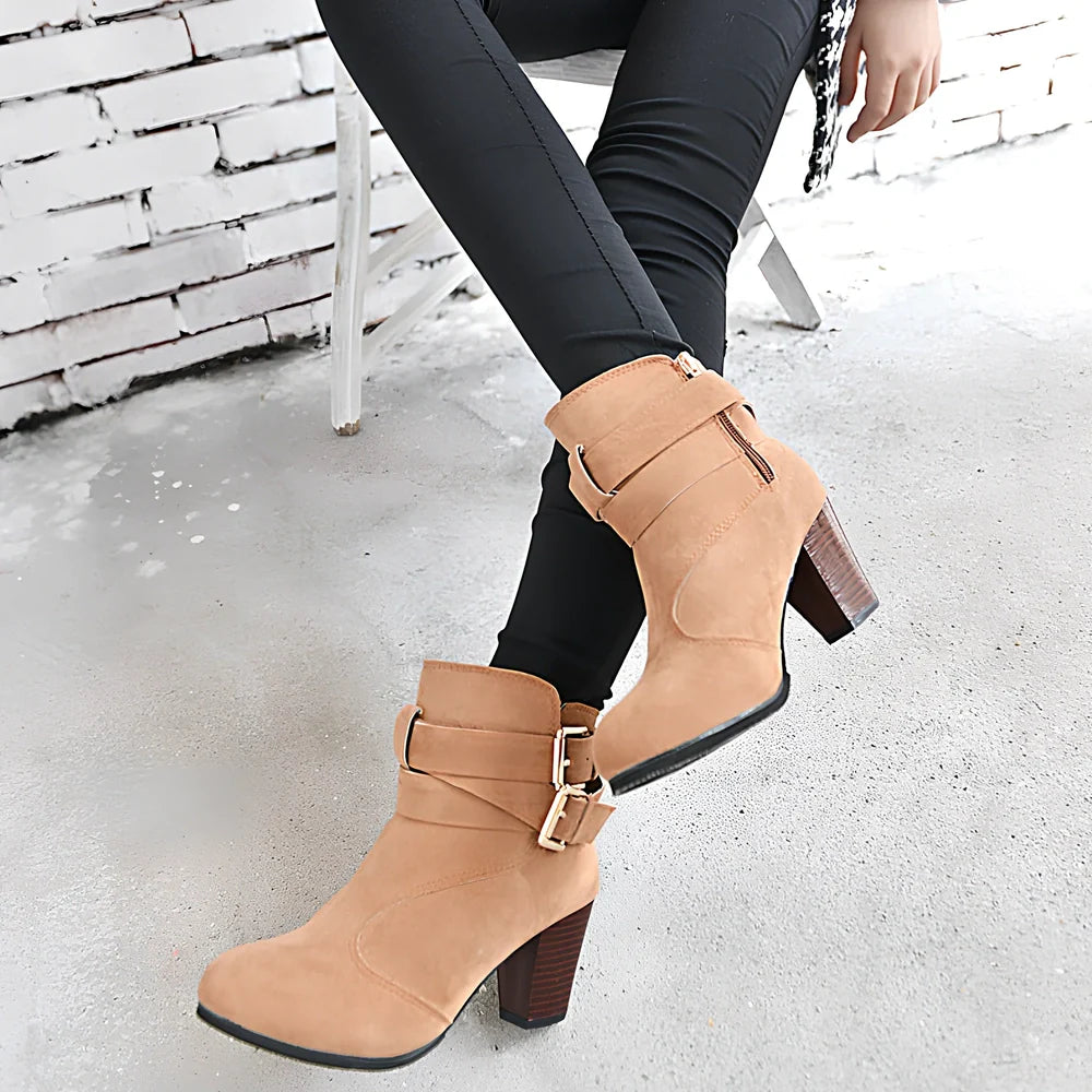 Women's suede ankle boots in beige with 6-8cm heel, side zipper, and rubber sole for warm casual wear
