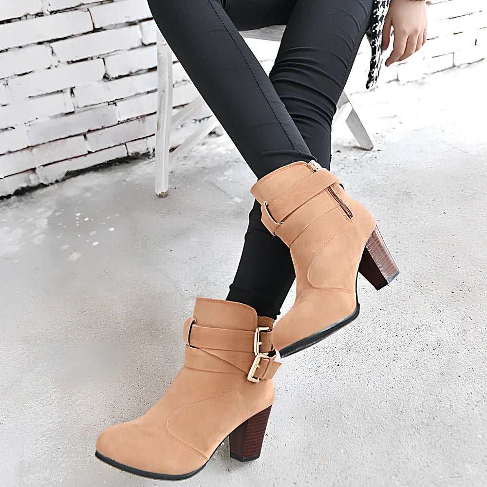 Women's suede ankle boots in beige with 6-8cm heel, side zipper, and rubber sole for warm casual wear