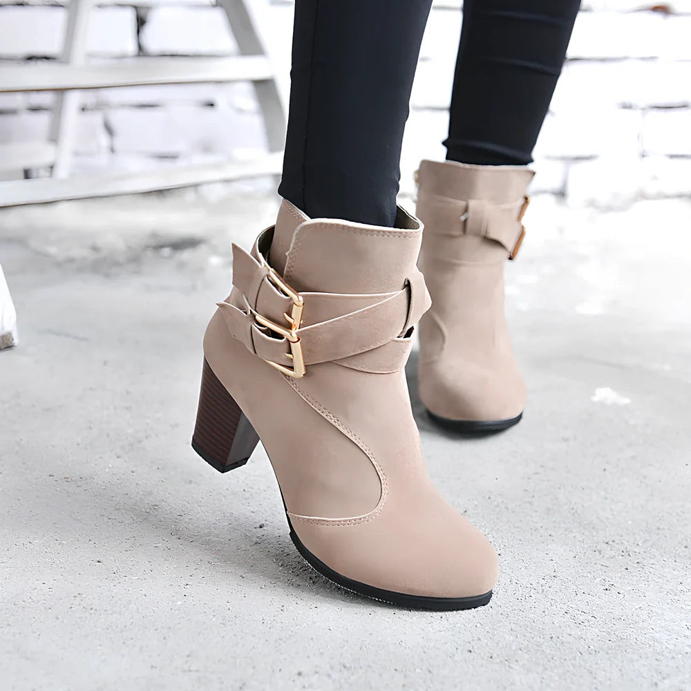 Women's suede ankle boots in beige with 6-8cm heel, side zipper, and rubber sole for warm casual wear