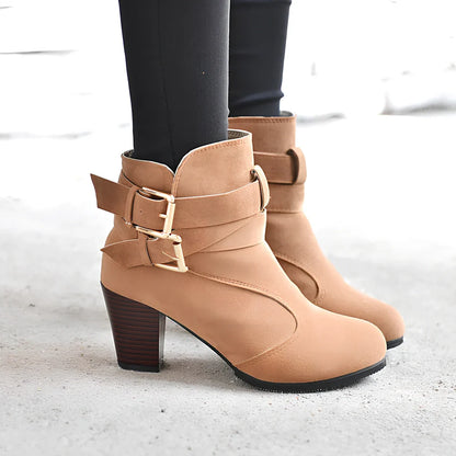 Women's suede ankle boots in beige with 6-8cm heel, side zipper, and rubber sole for warm casual wear