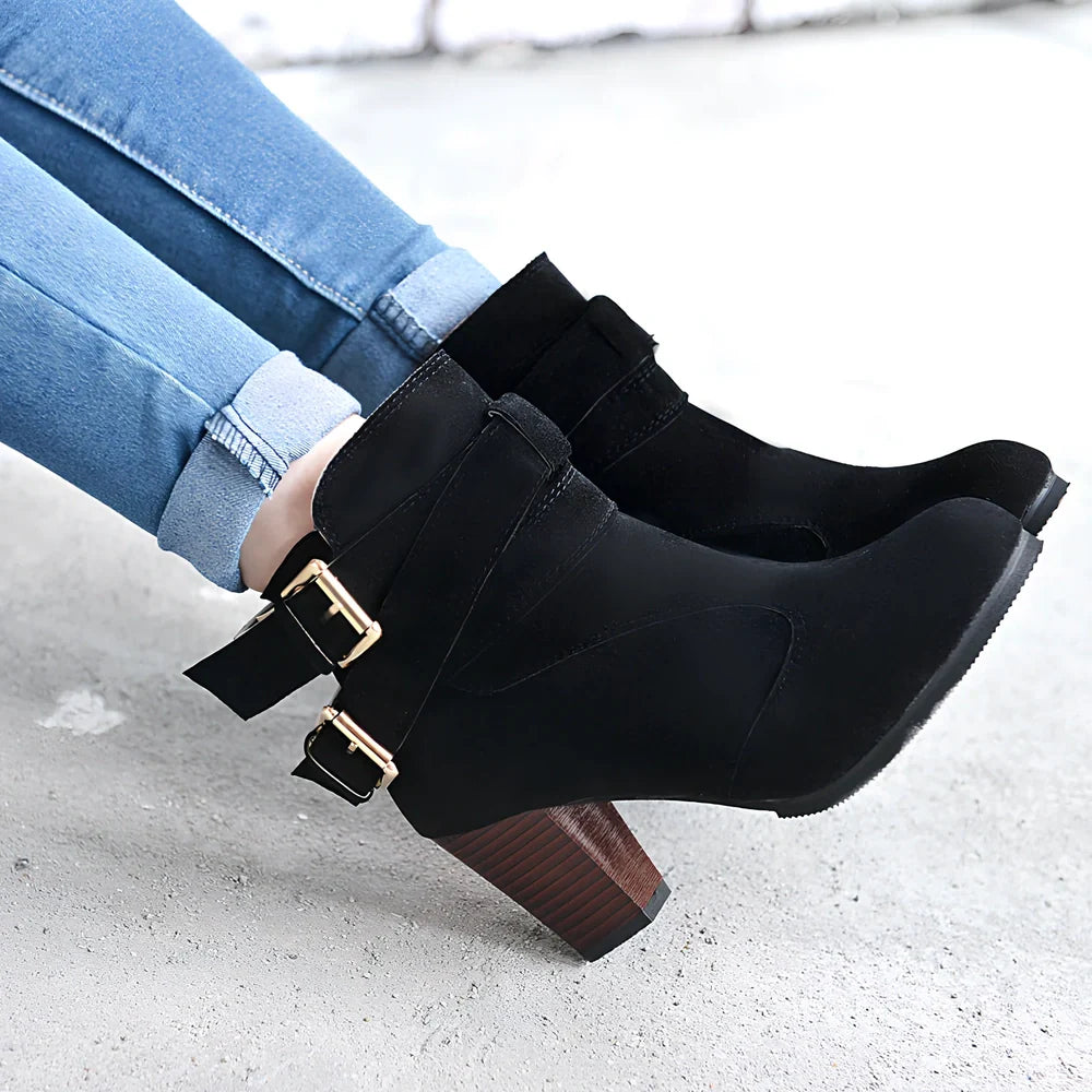 Women's suede ankle boots in beige with 6-8cm heel, side zipper, and rubber sole for warm casual wear