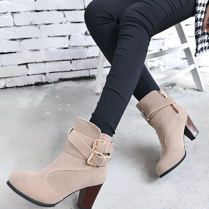 Women's suede ankle boots in beige with 6-8cm heel, side zipper, and rubber sole for warm casual wear