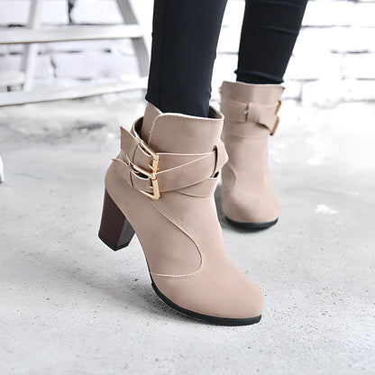 Women's suede ankle boots in beige with 6-8cm heel, side zipper, and rubber sole for warm casual wear