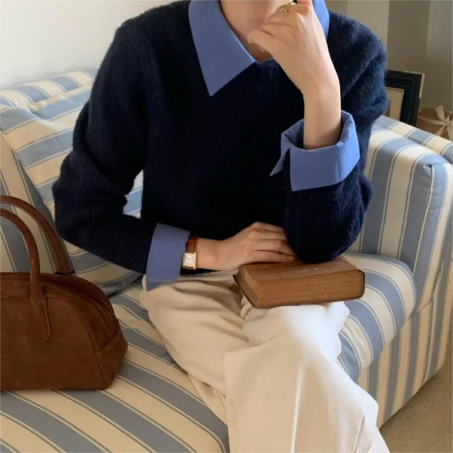 Women's loose-fitting knit top with contrast colour lapels in seven colour options