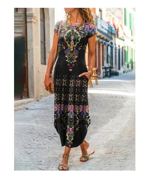 Trendy printed short sleeve dress with pocket for women, available in multiple colours