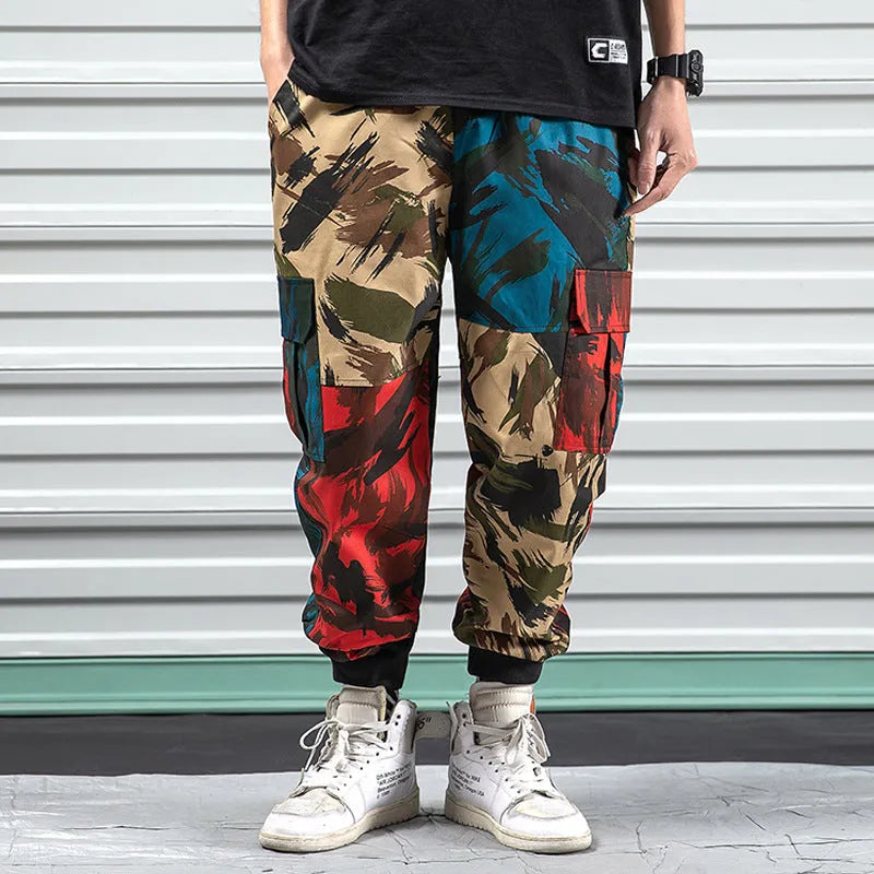Blue camouflage overalls casual pants with loose fit, elastic waist, polyester fabric, sizes S to 5XL