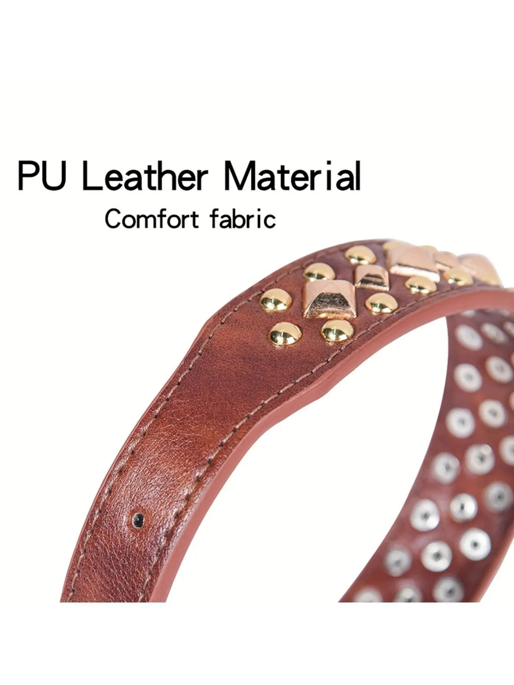 Rivet leather dog collar with golden rivet decoration in retro style, shown in black colour on a plain background