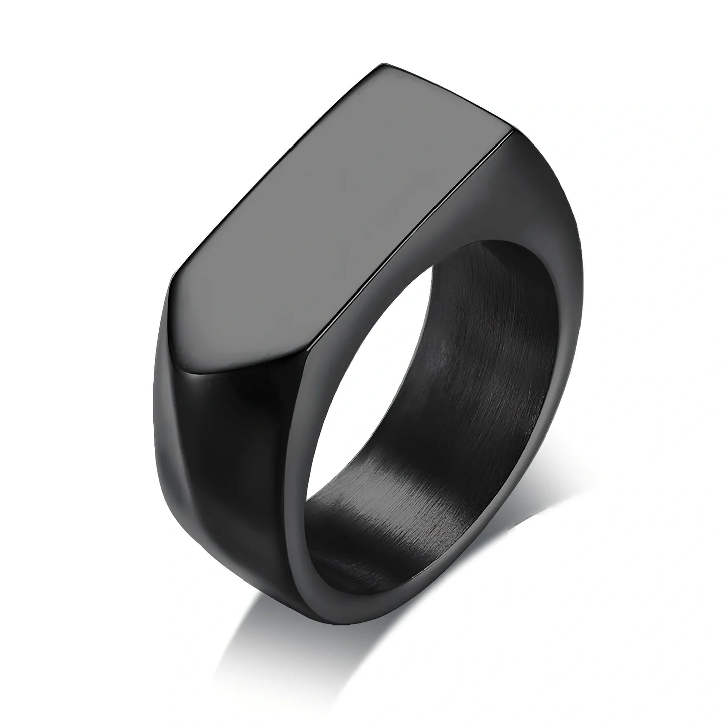 Men's black square punk ring in stainless steel, 9mm width, IP plated for durability, size US 10 shown