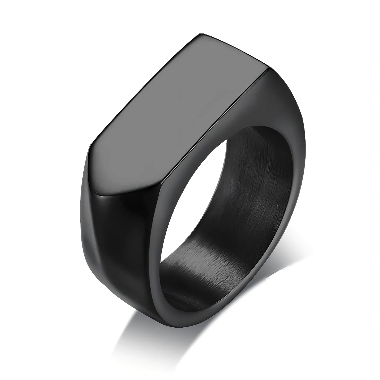 Men's black square punk ring in stainless steel, 9mm width, IP plated for durability, size US 10 shown