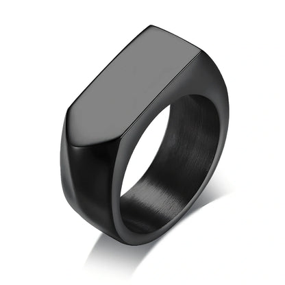 Men's black square punk ring in stainless steel, 9mm width, IP plated for durability, size US 10 shown