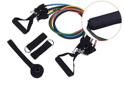Portable Fitness Rally set with five resistance bands, handles, and ankle straps for comprehensive workouts