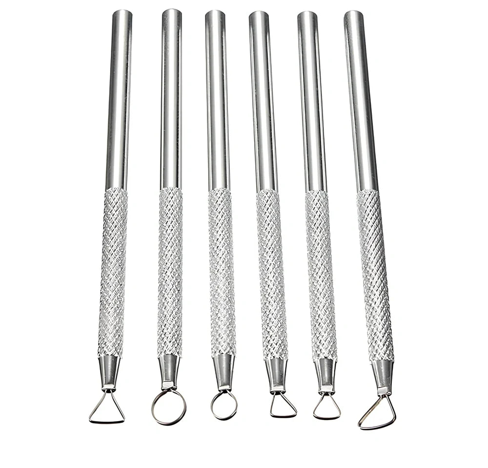 Set of 6 silver aluminium clay sculpting tools with varied blades for pottery carving and polymer modelling, 15-18cm long