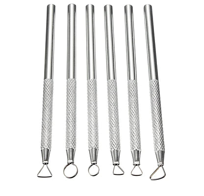 Set of 6 silver aluminium clay sculpting tools with varied blades for pottery carving and polymer modelling, 15-18cm long