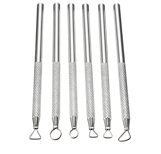 Set of 6 silver aluminium clay sculpting tools with varied blades for pottery carving and polymer modelling, 15-18cm long