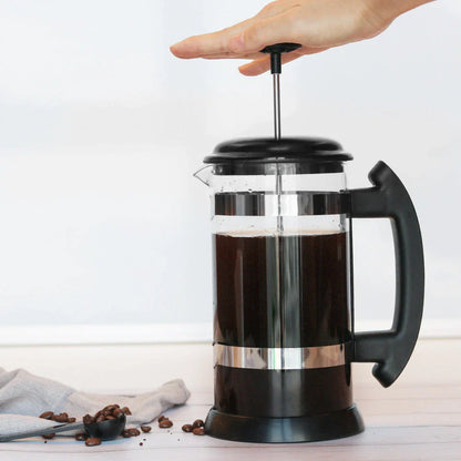 Stylish French press coffee maker with glass carafe and stainless steel frame