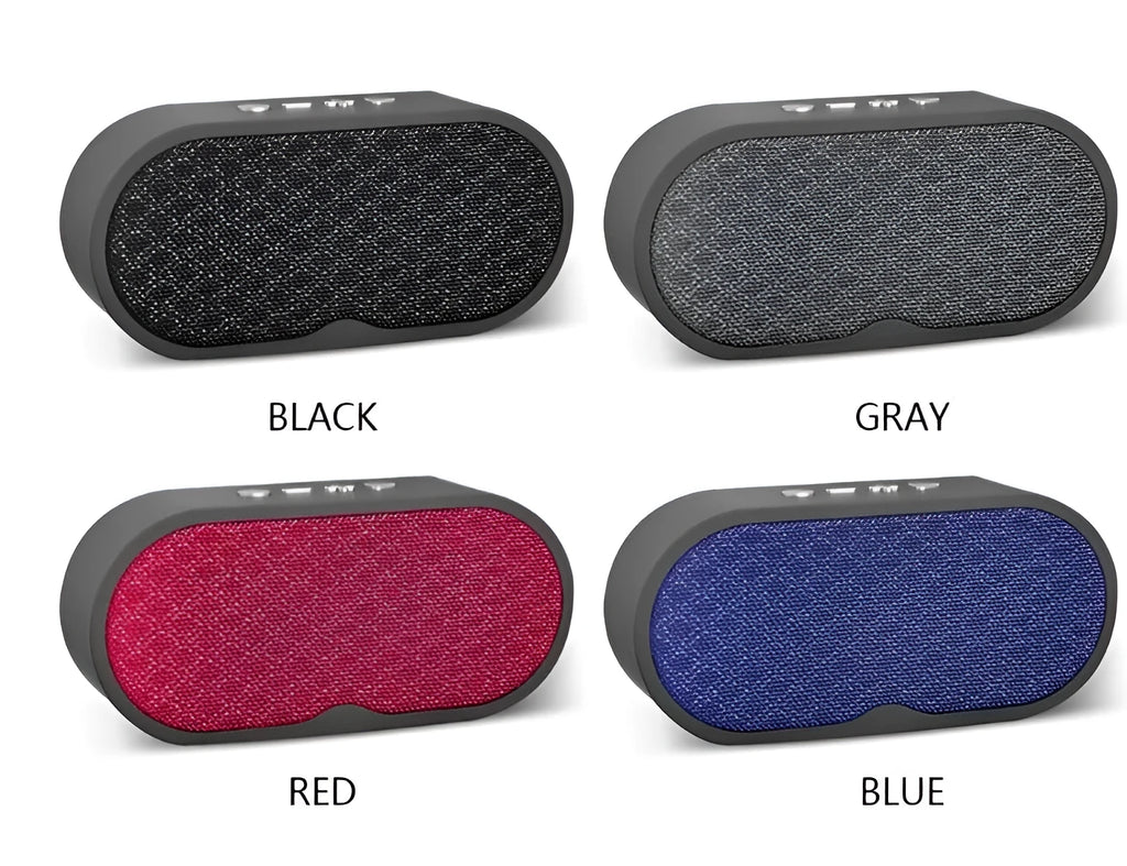 F3 model Bluetooth wireless speaker with subwoofer in plastic housing, shown in grey, red, black or blue.