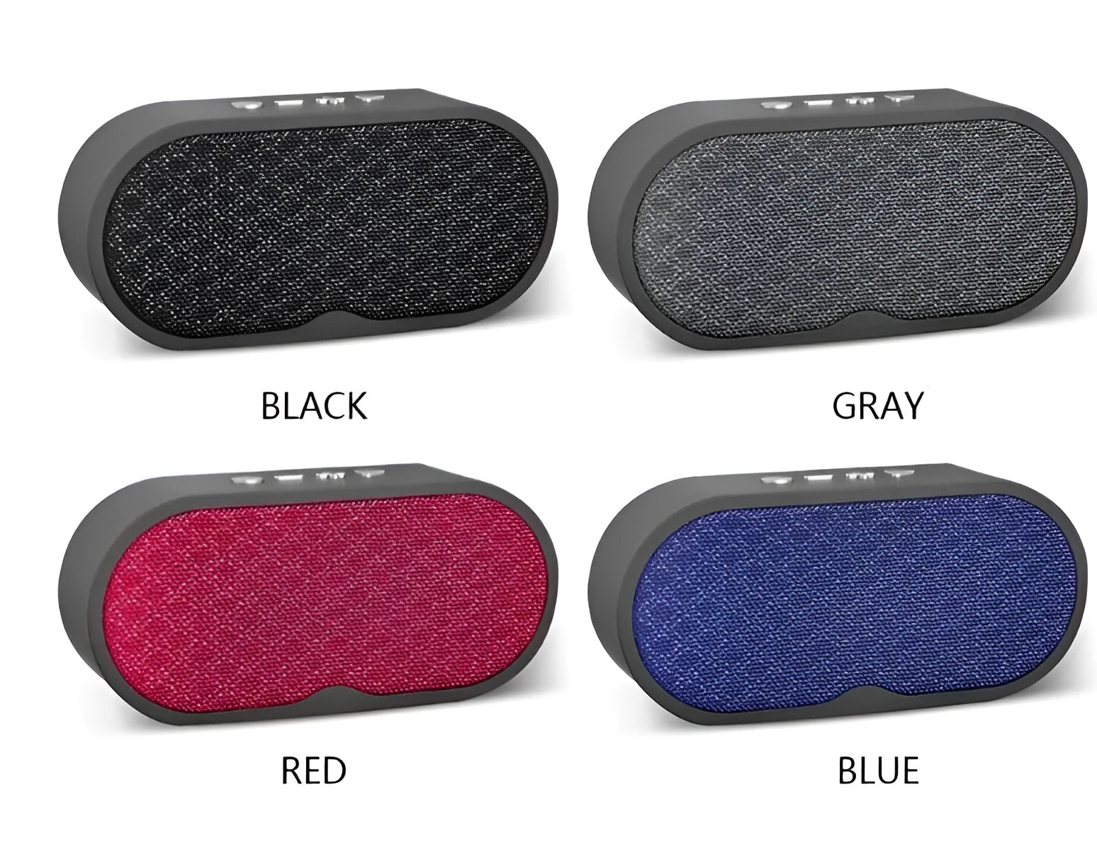 F3 model Bluetooth wireless speaker with subwoofer in plastic housing, shown in grey, red, black or blue.