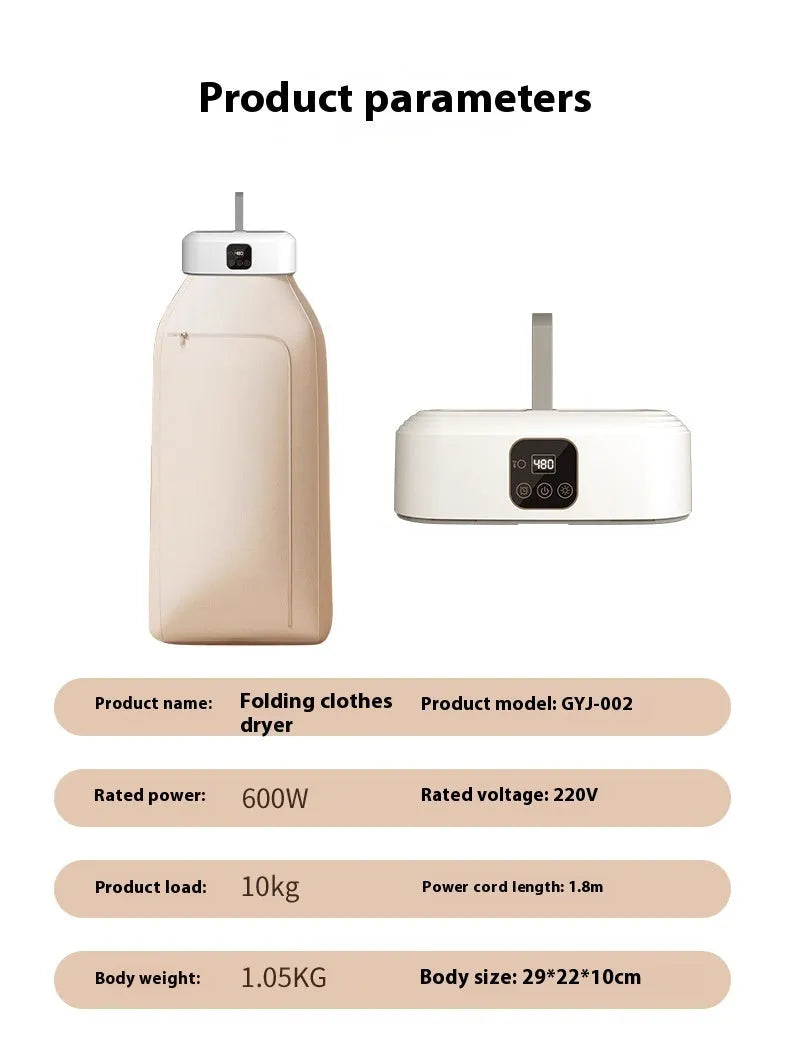 White cylindrical foldable clothes drier with remote control on a table.