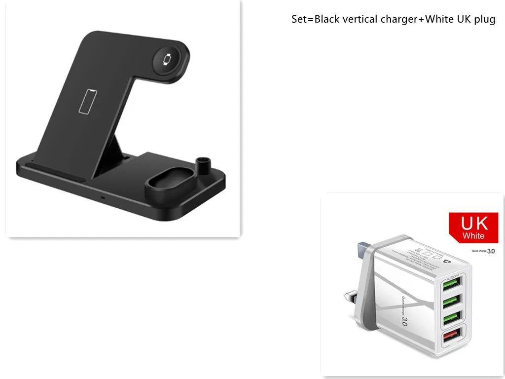 Black 4-in-1 wireless charging station showing phone on adjustable stand, with Apple Watch and AirPods charging on the base.