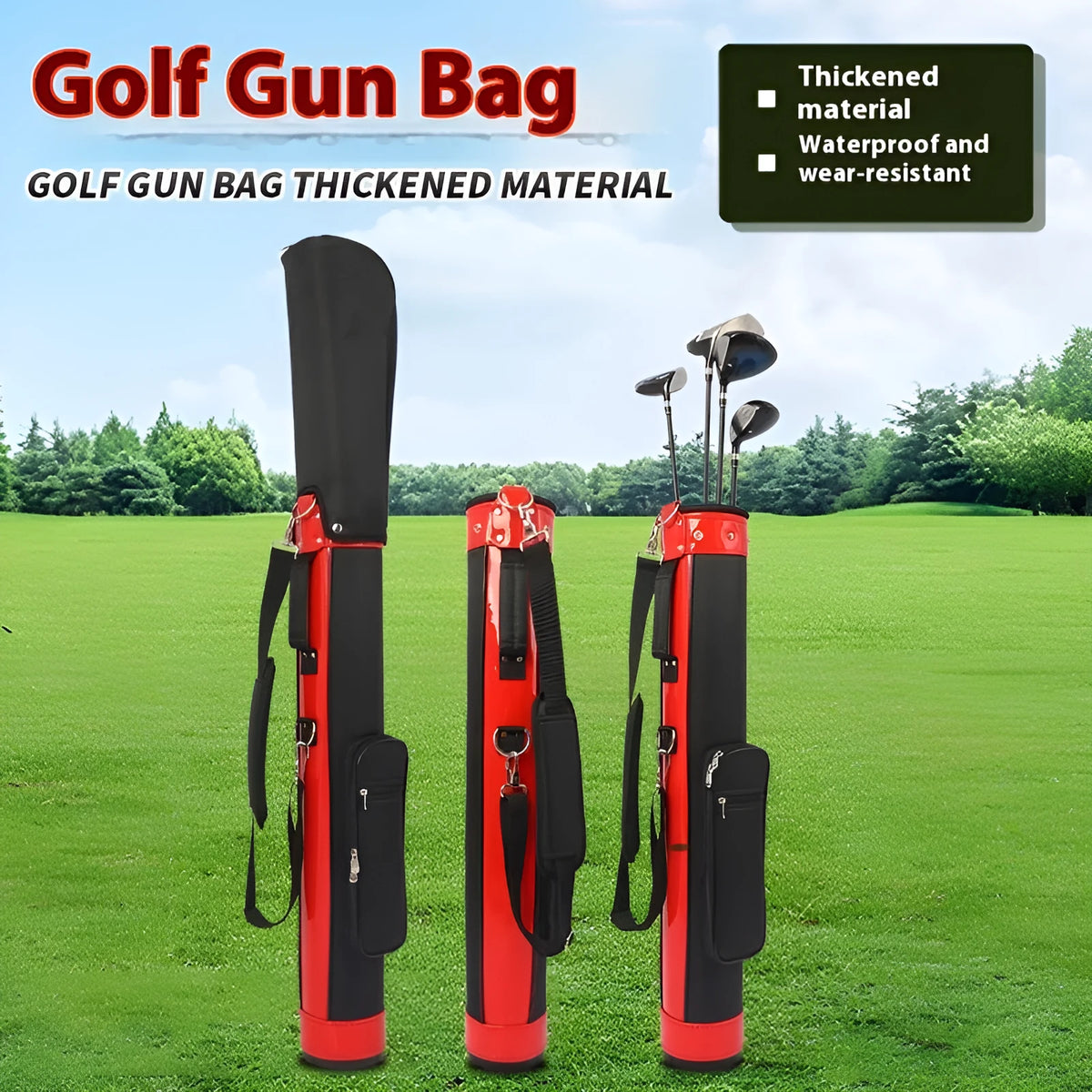 Large capacity leather golf bag in red next to clubs, 15cm by 89cm size