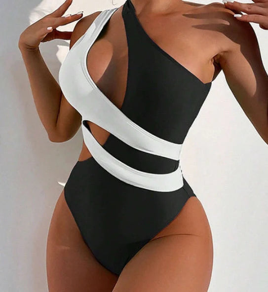 Women's black one-piece swimsuit with cross-colour lace-up front design for adjustable fit during swimming