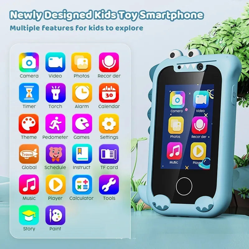 Blue educational touchscreen toy phone for children with camera, video, and game functions