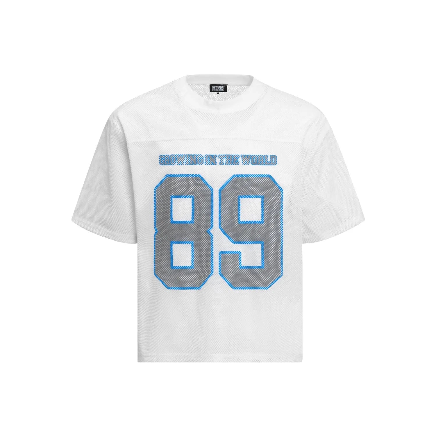 Men's black and white loose-fit alphanumeric print casual t-shirt on a hanger