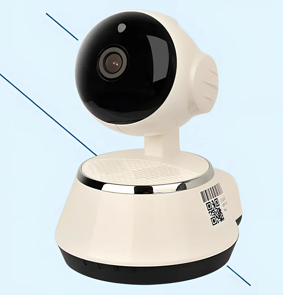 Compact 720P wireless IP camera in white ABS plastic, 9x9x12cm with IR lens for night vision and Micro SD slot, UK plug version shown