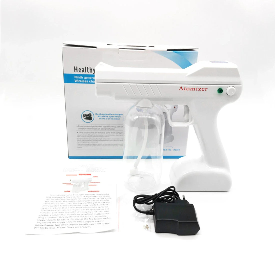 Handheld wireless atomizing fogger with blue light for disinfection