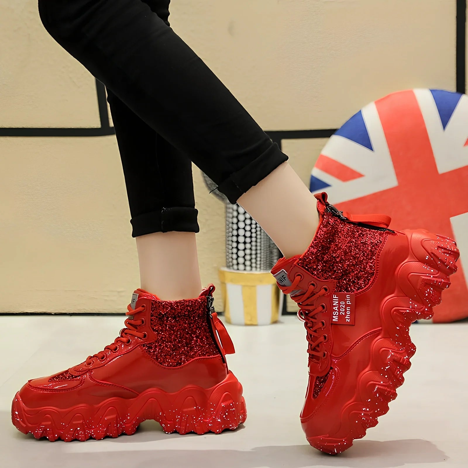 Women's platform sneakers with decorative sequins and 3-5cm heel in black, red, or silver