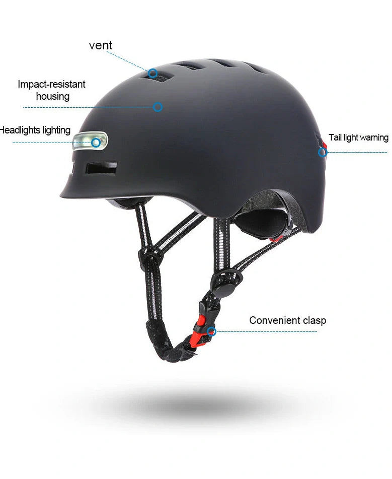Black cycling helmet with built-in LED headlight and taillight showing adjustable dial and ventilation ports