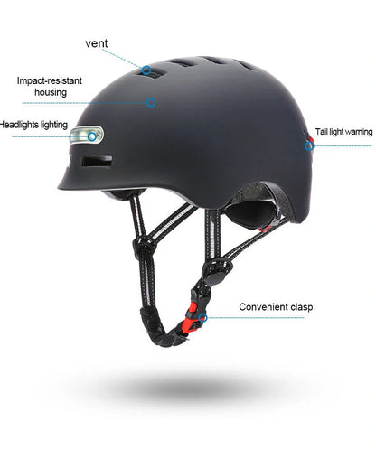 Black cycling helmet with built-in LED headlight and taillight showing adjustable dial and ventilation ports